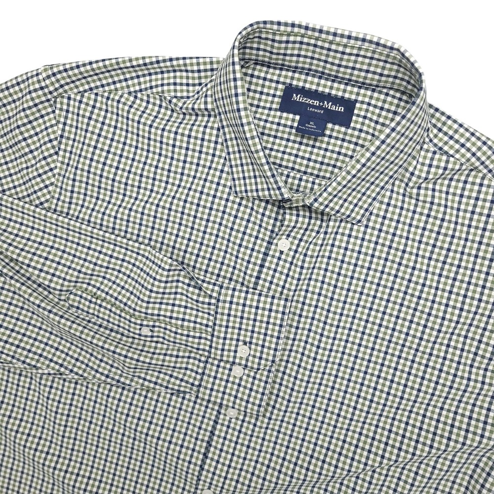 Mizzen+Main Leeward Dress Shirt Mens XL Blue Green Gingham Classic‎ Fit Stretch